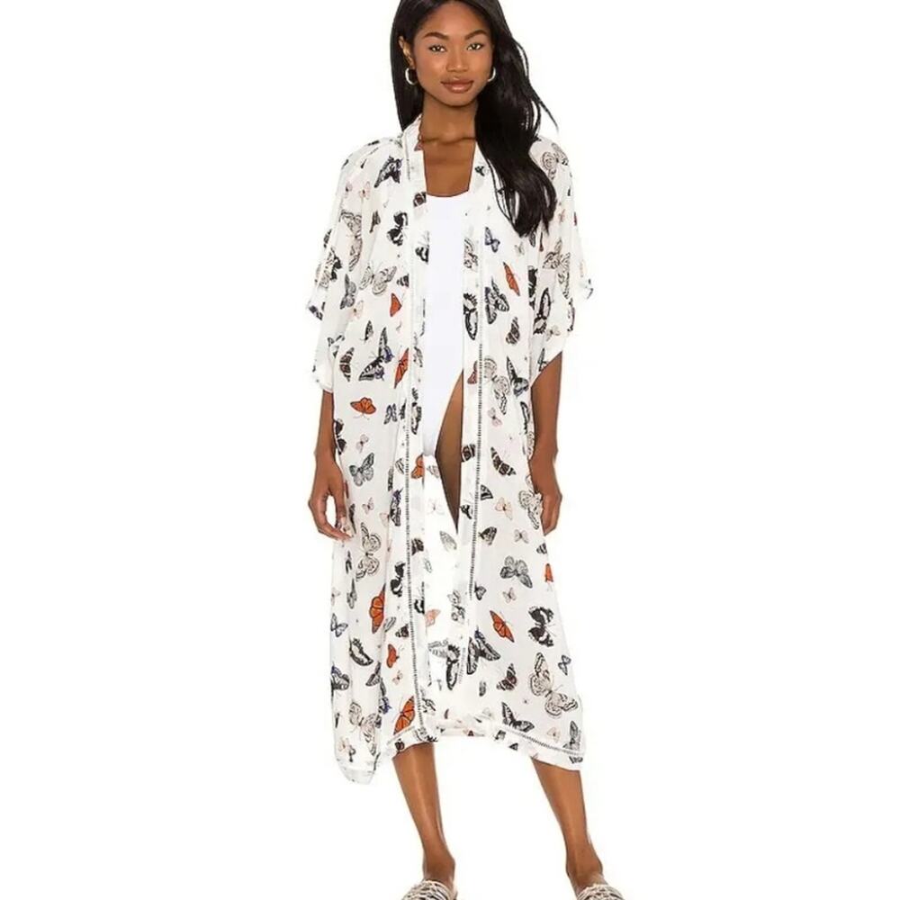 NEW Plush Butterfly Print Kimono Maxi Robe Swim Cover-Up XXS/XS White Duster